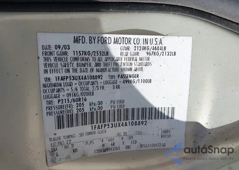 2004 Ford Taurus Se from USA, damaged, VIN 1FAFP53UX4A108892